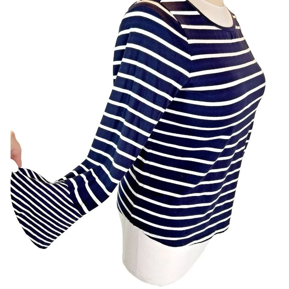 Chico's - Women's L Blouse Navy Blue White Striped Bell Cuffed Boat Neck